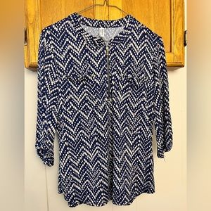 PerSeption Petite Navy Print Blouse, roll-tab sleeves, quarter zip, Women’s PS